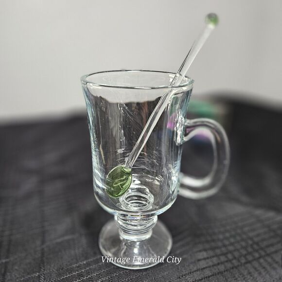 Set Of Glass Irish Coffee Hot / Cold Footed Clear Mug & Emerald City Green Spoon - Picture 13 of 13